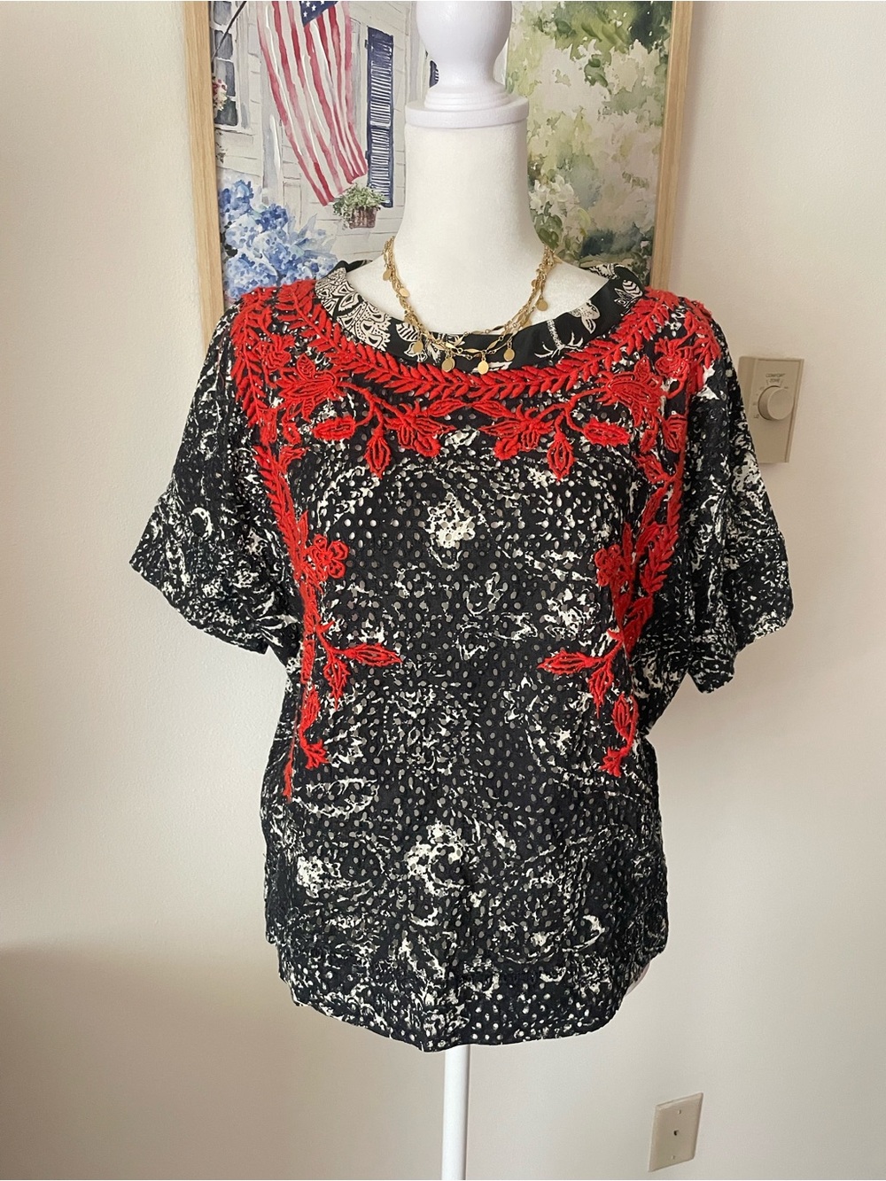 Isabel Marant Embroidered Floral Paisley Eyelet Short Sleeve Blouse Top US Small